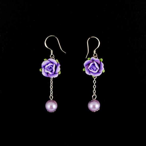 Polymer Rose and Pearl Earrings