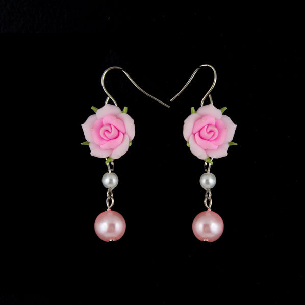 Polymer Rose and Pearls Earrings