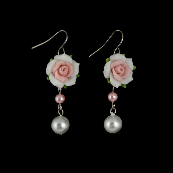 Polymer Rose and Pearls Earrings White