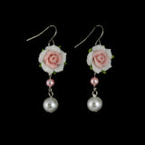 Polymer Rose and Pearls Earrings White