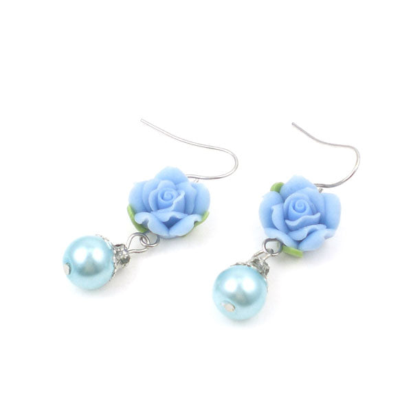Polymer Rose Pearl Earrings Blue