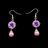 Polymer Rose Pearl Earrings Purple