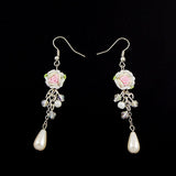 Polymer Rose and Teardrop Pearl Earrings White