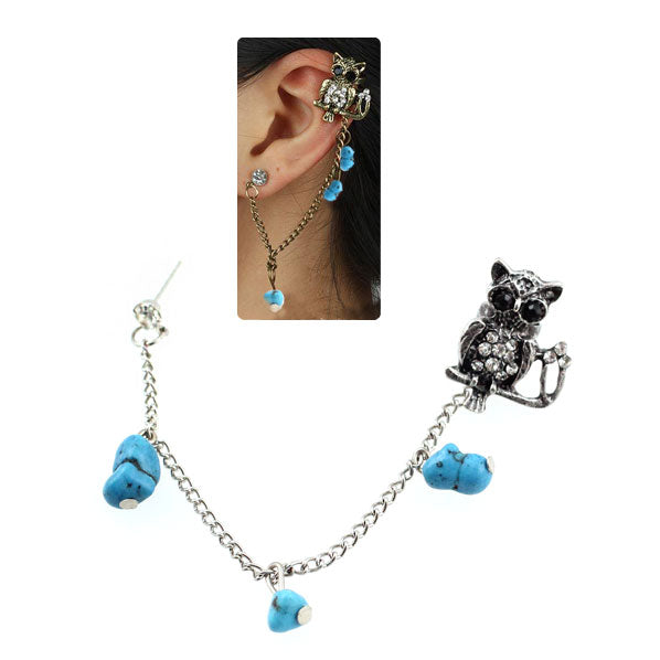 Owl Earcuff with Chained Rhinestone Earstud and Stone Beads [pc]