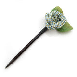 Wood Hair Stick with Check Pattern Rose 6" Green