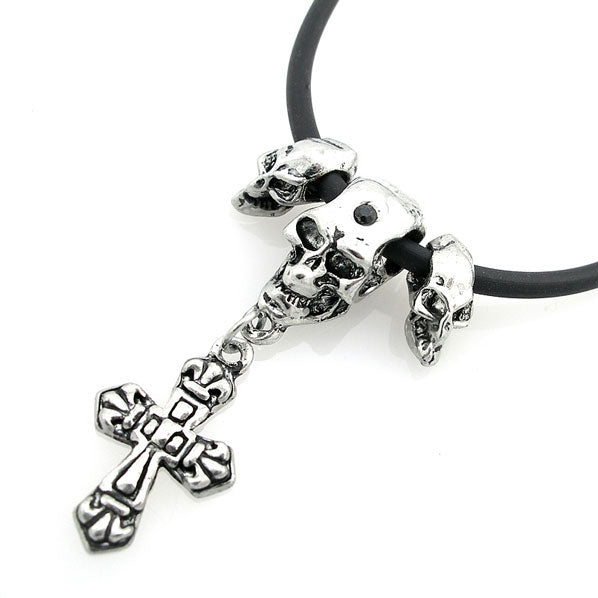 Men's Leatherette Necklace with Tibetan Silver Skulls and Cross Pendant