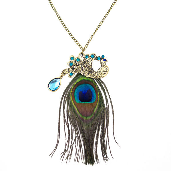 Antique Brass Peacock Pendant Necklace with Feather