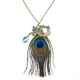 Antique Brass Peacock Pendant Necklace with Feather