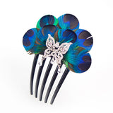 Peacock Feather and Rhinestone Butterfly French Twist Comb