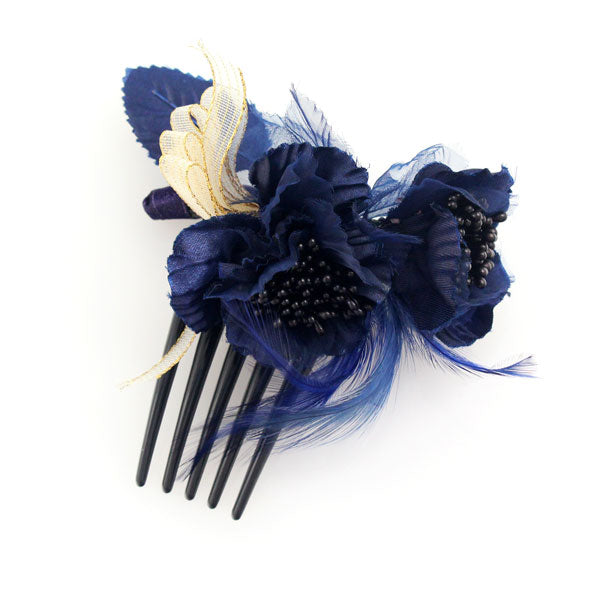 Handmade Fabric Floral French Twist Updo Decorative Comb Deep Blue