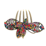 Antique Brass Rhinestone Butterfly and Leaves French Twist Updo Comb Multi-colored
