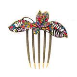 Antique Brass Rhinestone Butterfly and Leaves French Twist Updo Comb Multi-colored