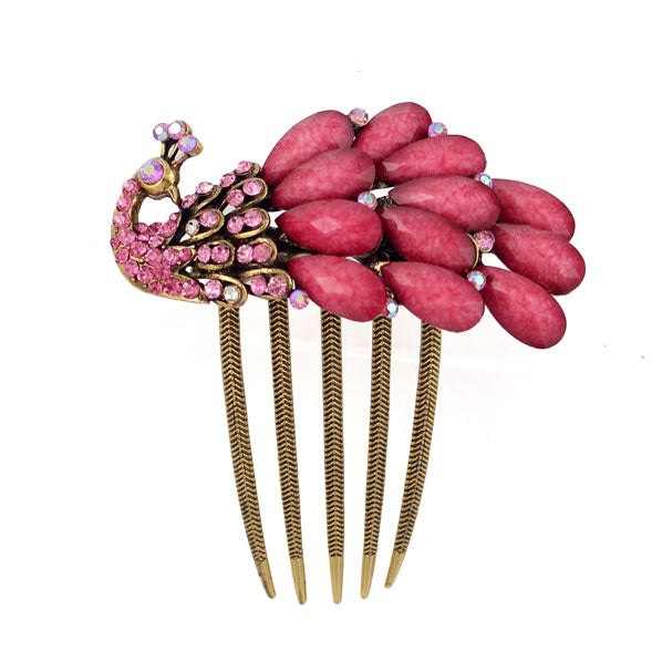 Antique Brass Rhinestone Peacock French Twist Comb Pink