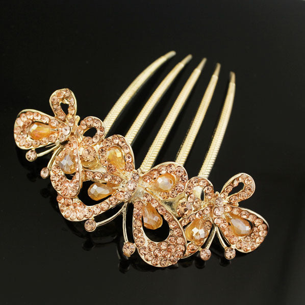 Gold Finish Rhinestone 3 Butterflies French Twist Up-do Comb