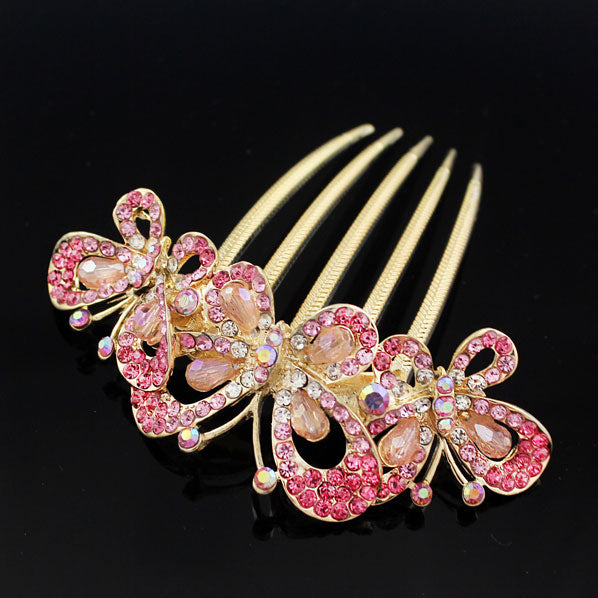 Gold Finish Pink Rhinestone 3 Butterflies French Twist Up-do Comb
