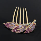 Gold Finish Pink Rhinestone Leaves French Twist Up-do Comb