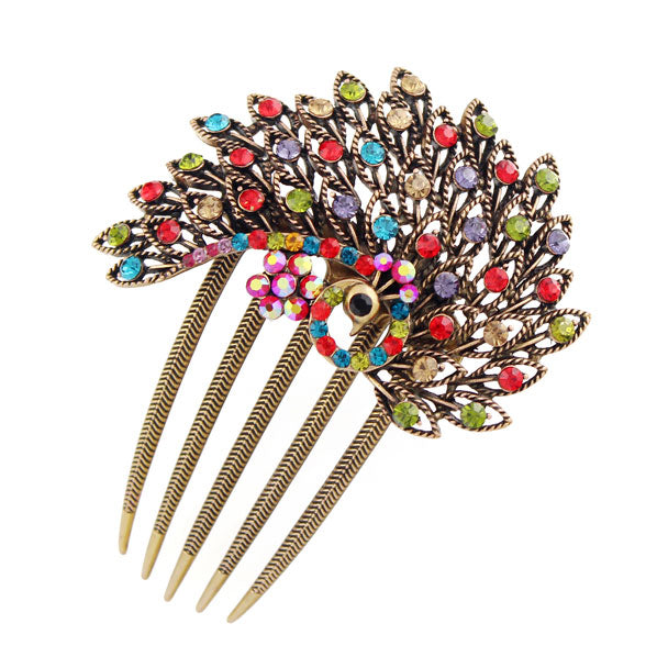 Colorful Rhinestone Peacock Antique Brass French Twist Comb