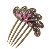 Pink Rhinestone Floral Antique Brass French Twist Comb