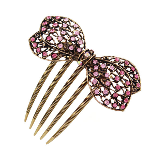 Rhinestone Pink Bow Antique Brass French Twist Comb
