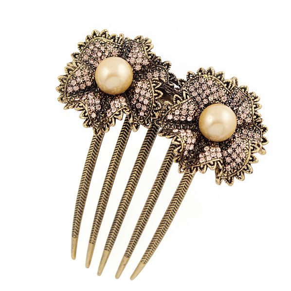 Floral Rhinestone with Pearl Antique Brass French Twist Comb Pink
