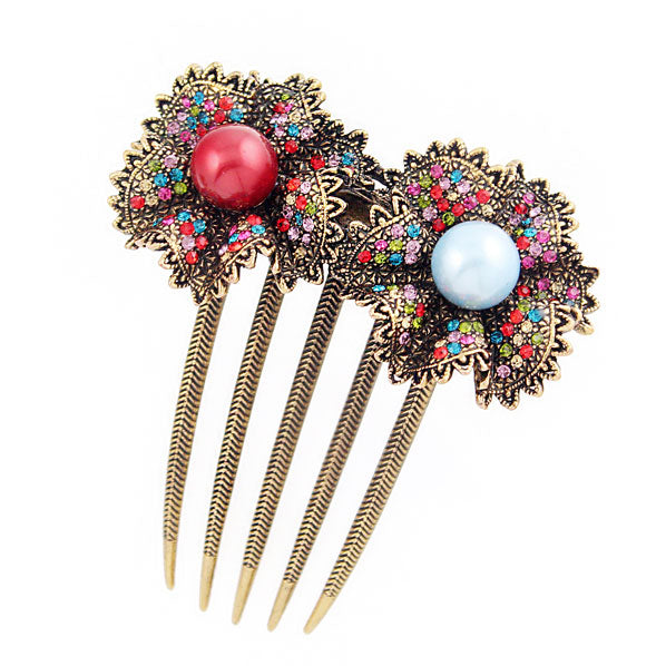 Floral Rhinestone with Pearl Antique Brass French Twist Comb