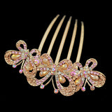 Gold Finish Champagne & Pink Rhinestone 3 Butterflies French Twist Comb