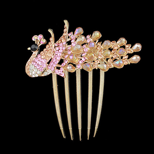Gold Finish Clear Rhinestone Peacock French Twist Comb