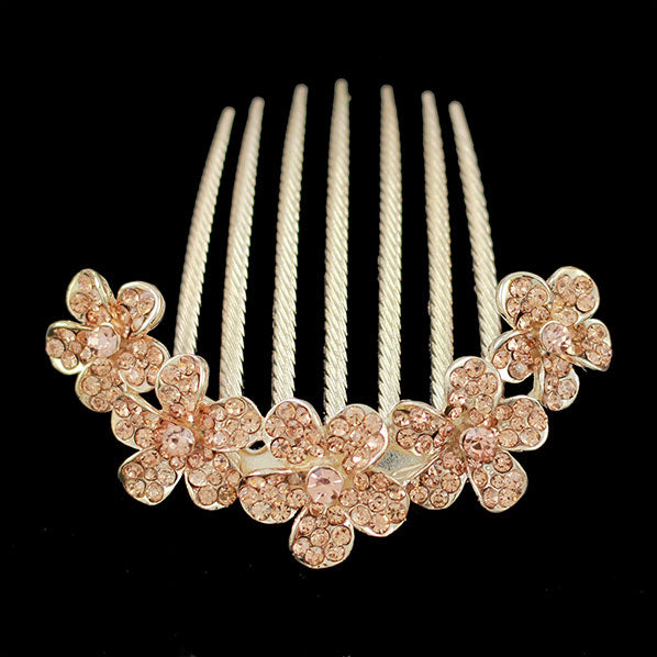 Gold Finish 5 Flowers Champagne Rhinestone Floral French Twist Comb