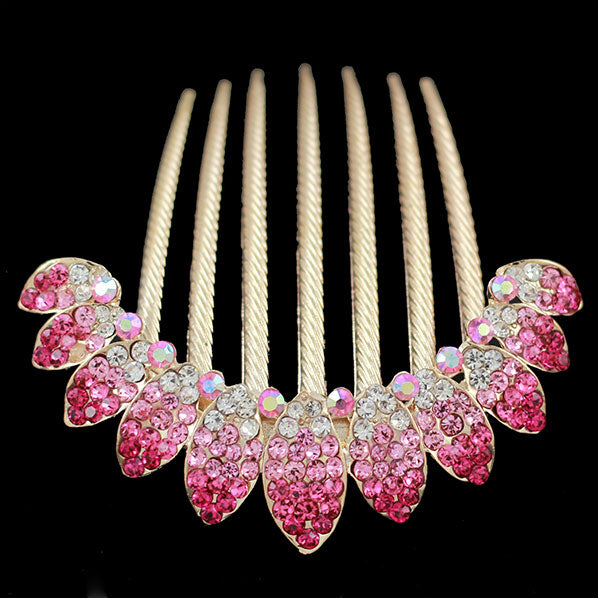 Gold Finish Gradient Pink Floral Rhinestone French Twist Comb