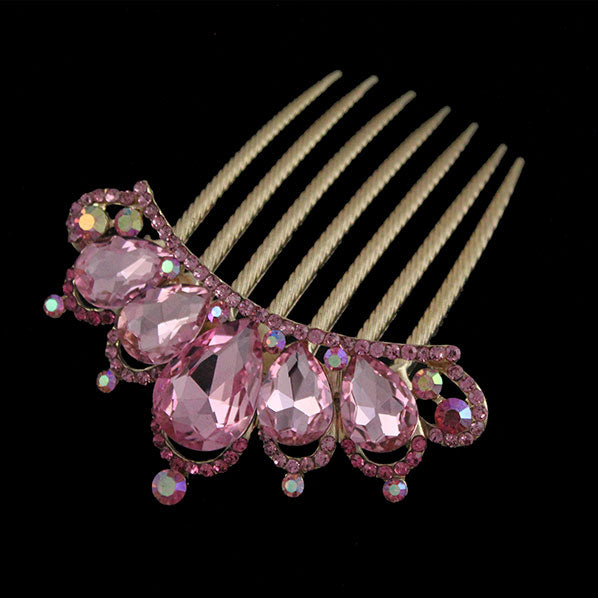 Gold Finish Pink Rhinestone Crown French Twist Updo Comb