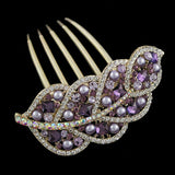 Gold Finish Rhinestone & Pearl Leaf French Twist Updo Comb Purple