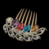 Gold Finish Rhinestone Flowers Leaves French Twist Updo Comb Multi-colored