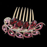 Gold Finish Rhinestone Flowers Leaves French Twist Updo Comb Pink