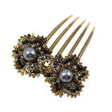 Floral Rhinestone Pearl Antique Brass French Twist Comb Black