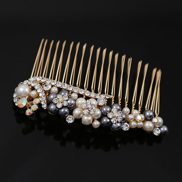 Pearl and Rhinestone Peacock & Flowers Gold Finish Decorative Comb