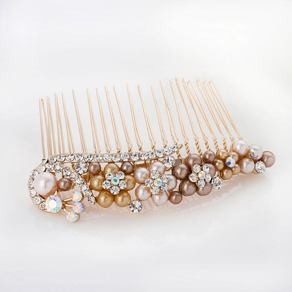 Pearl and Rhinestone Peacock & Flowers Gold Finish Decorative Comb White