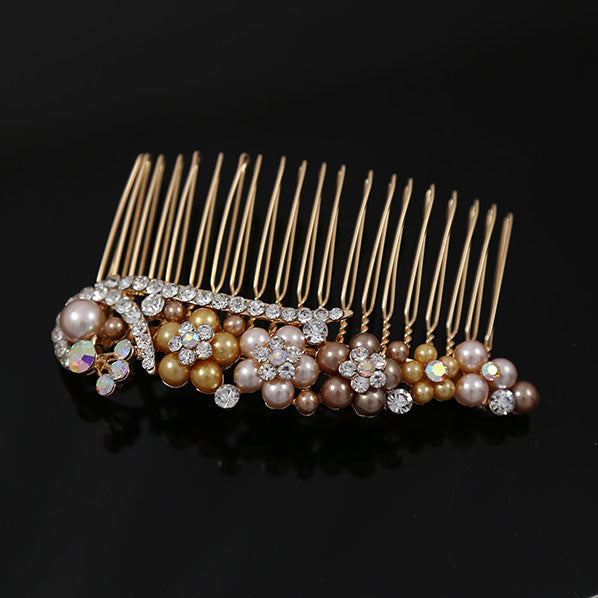 Pearl and Rhinestone Peacock & Flowers Gold Finish Decorative Comb Champagne