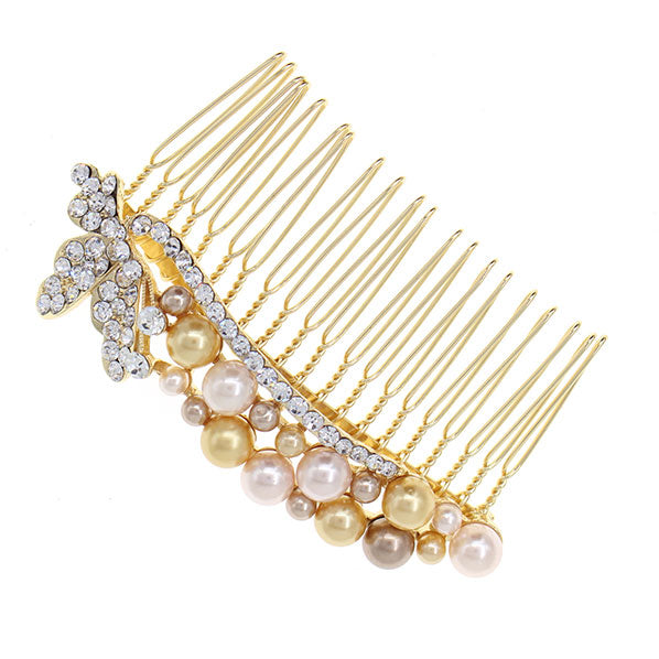 Gold Finish Pearl & Rhinestone Butterfly Bridal Decorative Comb White