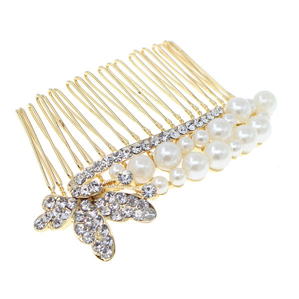 Gold Finish Pearl & Rhinestone Butterfly Bridal Decorative Comb