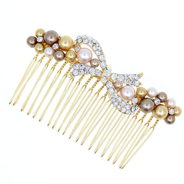 Gold Finish Pearls and Rhinestone Bow Decorative Comb