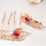 Gold Finish Peacock Plume French Twist Up-do Comb and Hair Barrette w/ Rhinestones 2-Pc Set Red