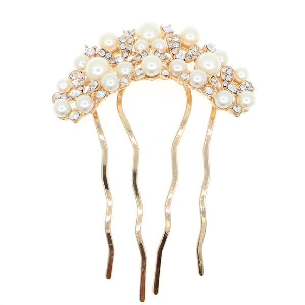 Gold Finish Bridal French Twist Updo Comb with Glass Pearls & Rhinestone Flowers