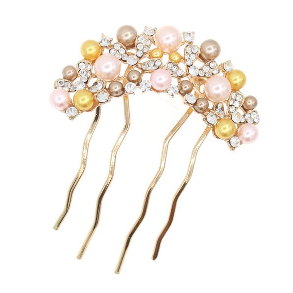 Gold Finish Bridal French Twist Updo Comb with Glass Pearls & Rhinestone Flowers