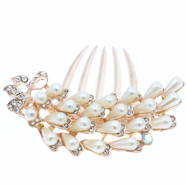 Flower with Ribbon Glass Pearl French Twist Up-do Comb with Rhinestones