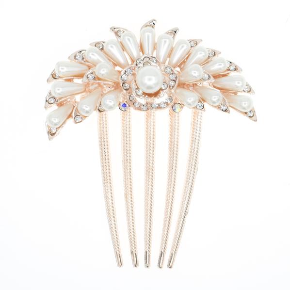 Bridal Glass Pearl French Twist Up-do Comb with Rhinestones Blooming Flower