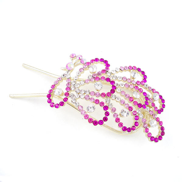 Pink Peacock Czech Crystal Rhinestone 2-prong Hair Stick 4.75 in