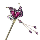 Purple Rhinestone Antique Brass Hair Stick Butterfly with Tassels