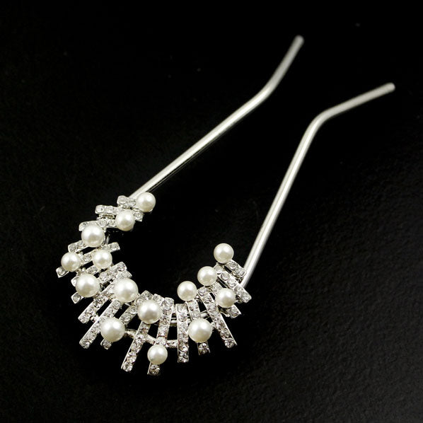 Czech Rhinestone & Pearl 2-Prong Bridal Abstract Hair Stick Fork