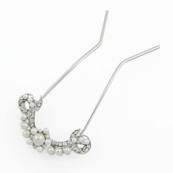 Pearl and Rhinestone 2-Prong Bridal Hair Stick Fork