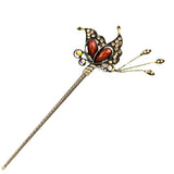 Colorful Rhinestone Antique Brass Hair Stick Butterfly with Tassels